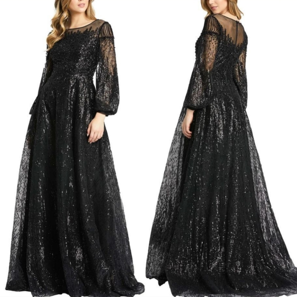 NWT Mac Duggal Black Sequin Illusion Neckline Long Sleeve Gown Size 18